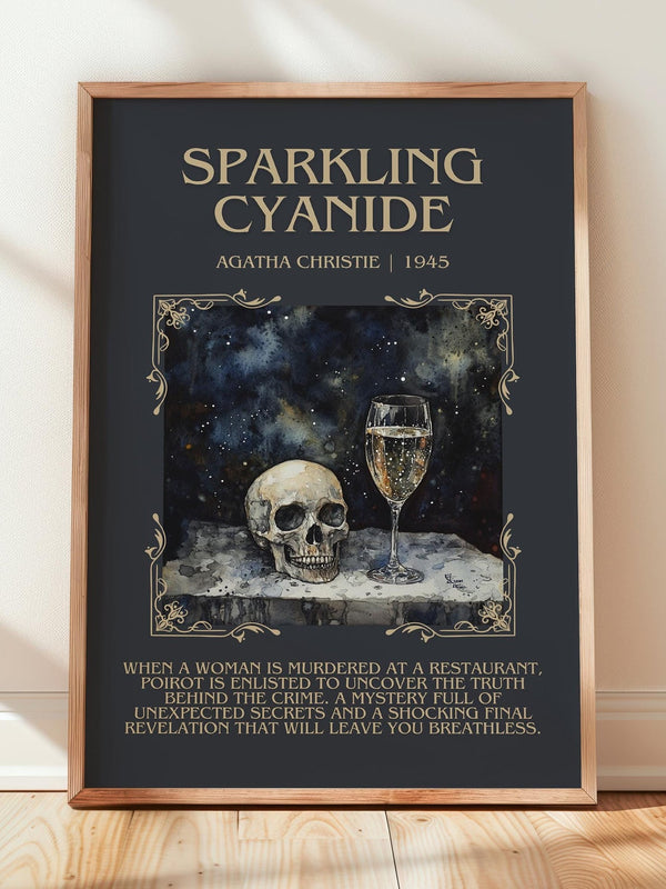 Sparkling Cyanide minimalist print in frame leaning in hallway – mystery wall art