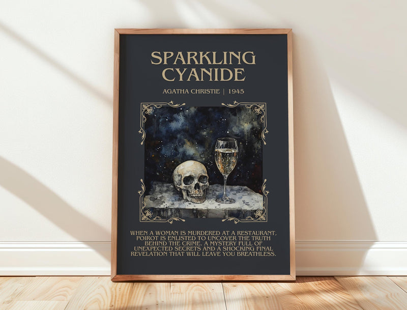 Sparkling Cyanide minimalist print in frame leaning in hallway – mystery wall art