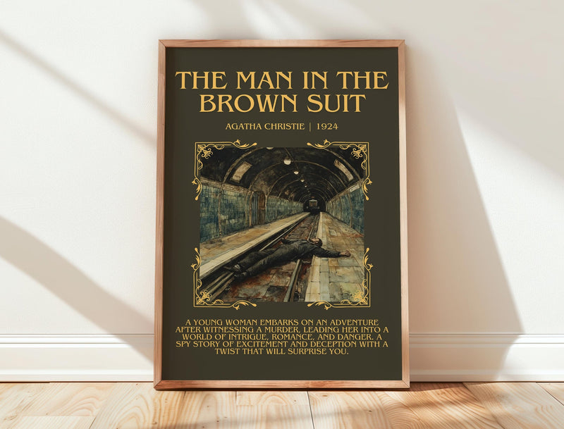 The Man in the Brown Suit minimalist print in frame leaning in hallway – mystery wall art