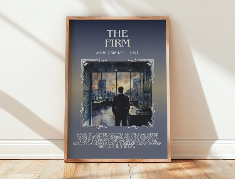 The Firm minimalist print in frame leaning in hallway – thriller wall art