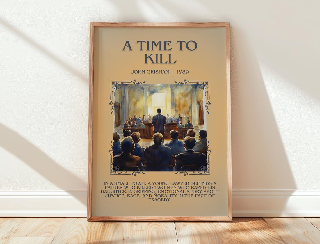 A Time to Kill minimalist print in frame leaning in hallway – crime wall art (mockup)