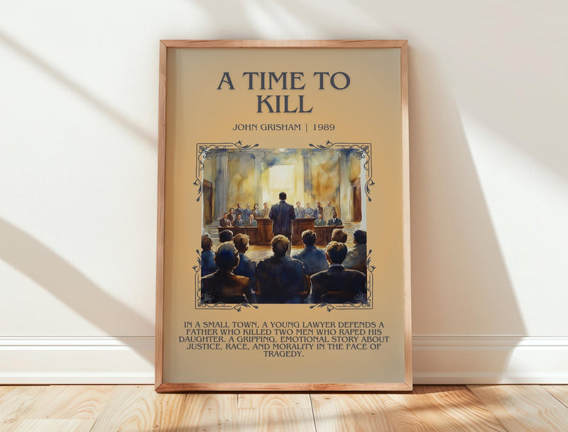 A Time to Kill minimalist print in frame leaning in hallway – crime wall art