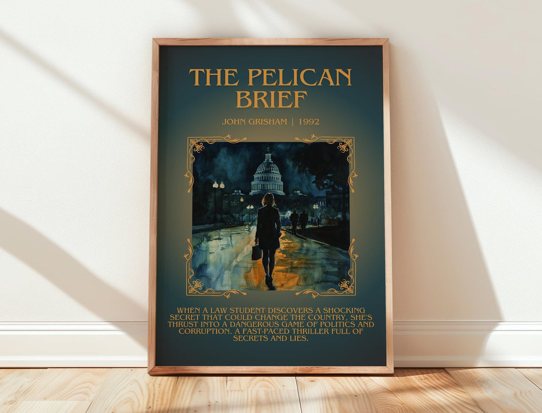 The Pelican Brief minimalist print in frame leaning in hallway – thriller wall art (mockup)