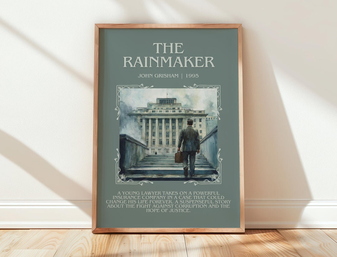 The Rainmaker minimalist print in frame leaning in hallway – thriller wall art (mockup)
