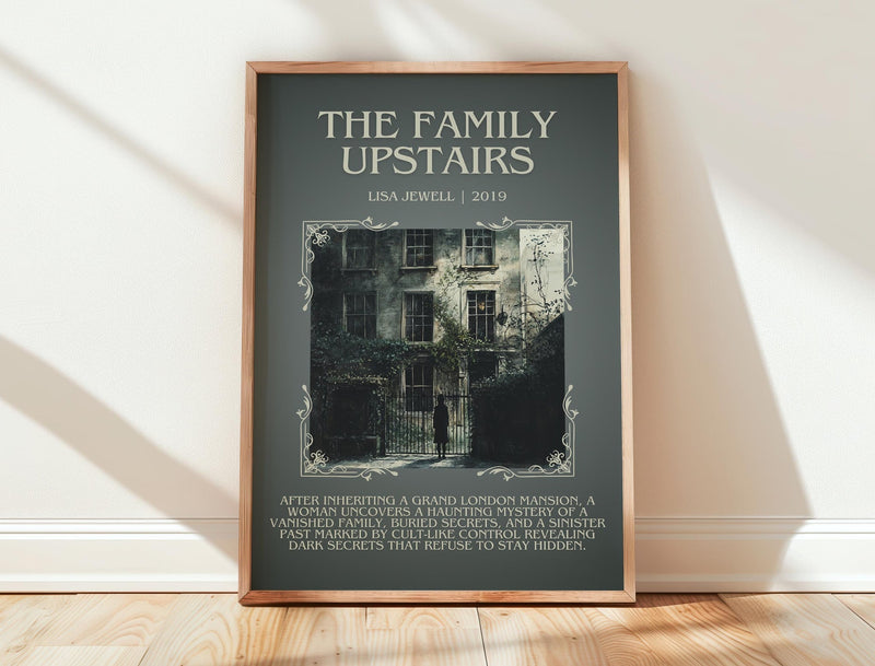 The Family Upstairs minimalist print in frame leaning in hallway – thriller wall art
