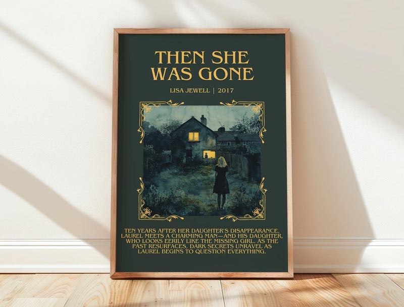 Then She Was Gone minimalist print in frame leaning in hallway – thriller wall art
