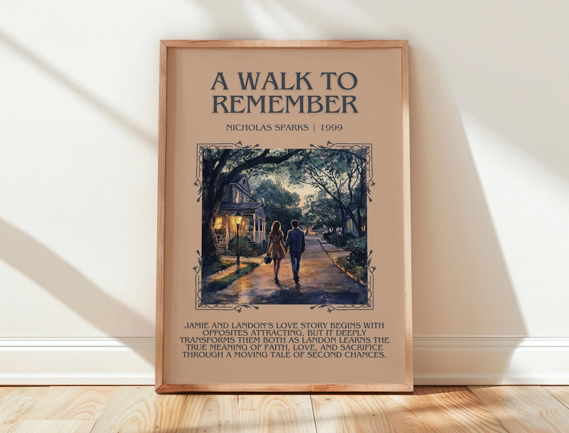 A Walk to Remember minimalist print in frame leaning in hallway – romance wall art