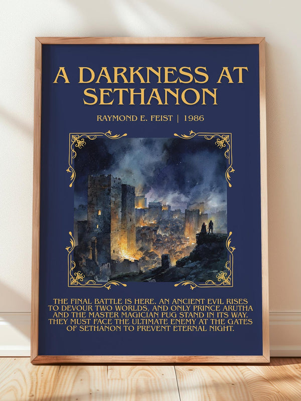 A Darkness at Sethanon minimalist print in frame leaning in hallway – fantasy wall art