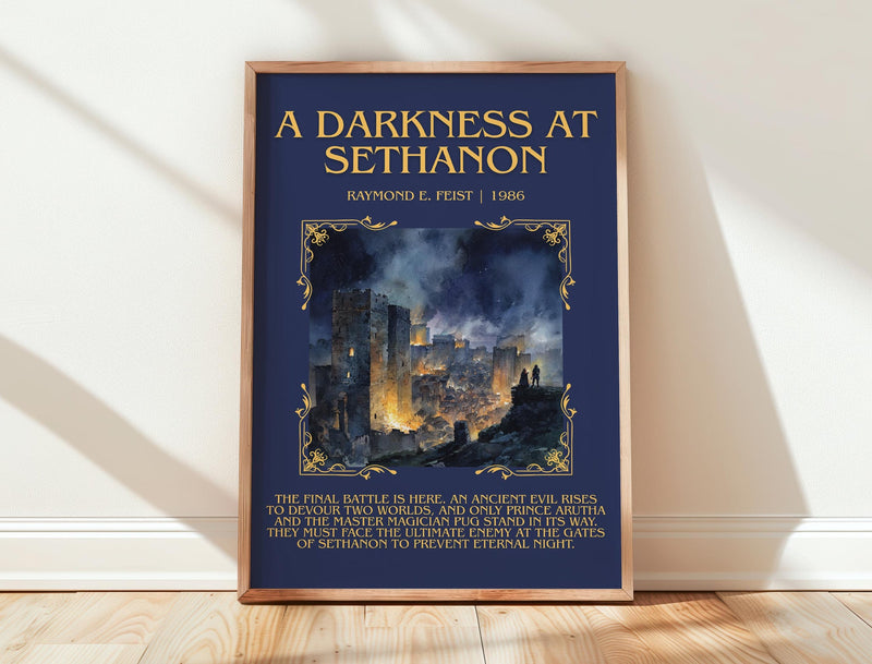 A Darkness at Sethanon minimalist print in frame leaning in hallway – fantasy wall art