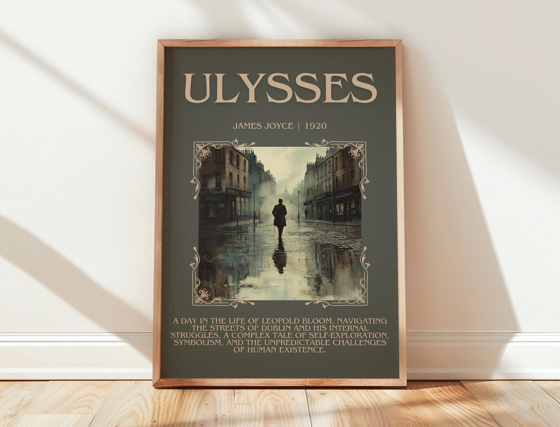 Ulysses minimalist print in frame leaning in hallway – classic literature wall art (mockup)