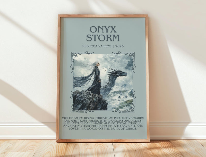Onyx Storm minimalist print in frame leaning in hallway – fantasy wall art