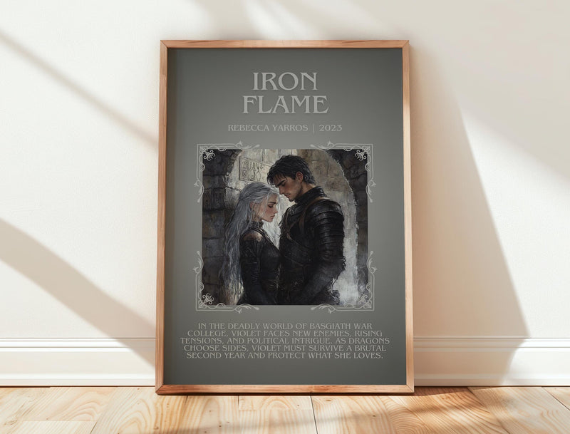 Iron Flame minimalist print in frame leaning in hallway – fantasy wall art