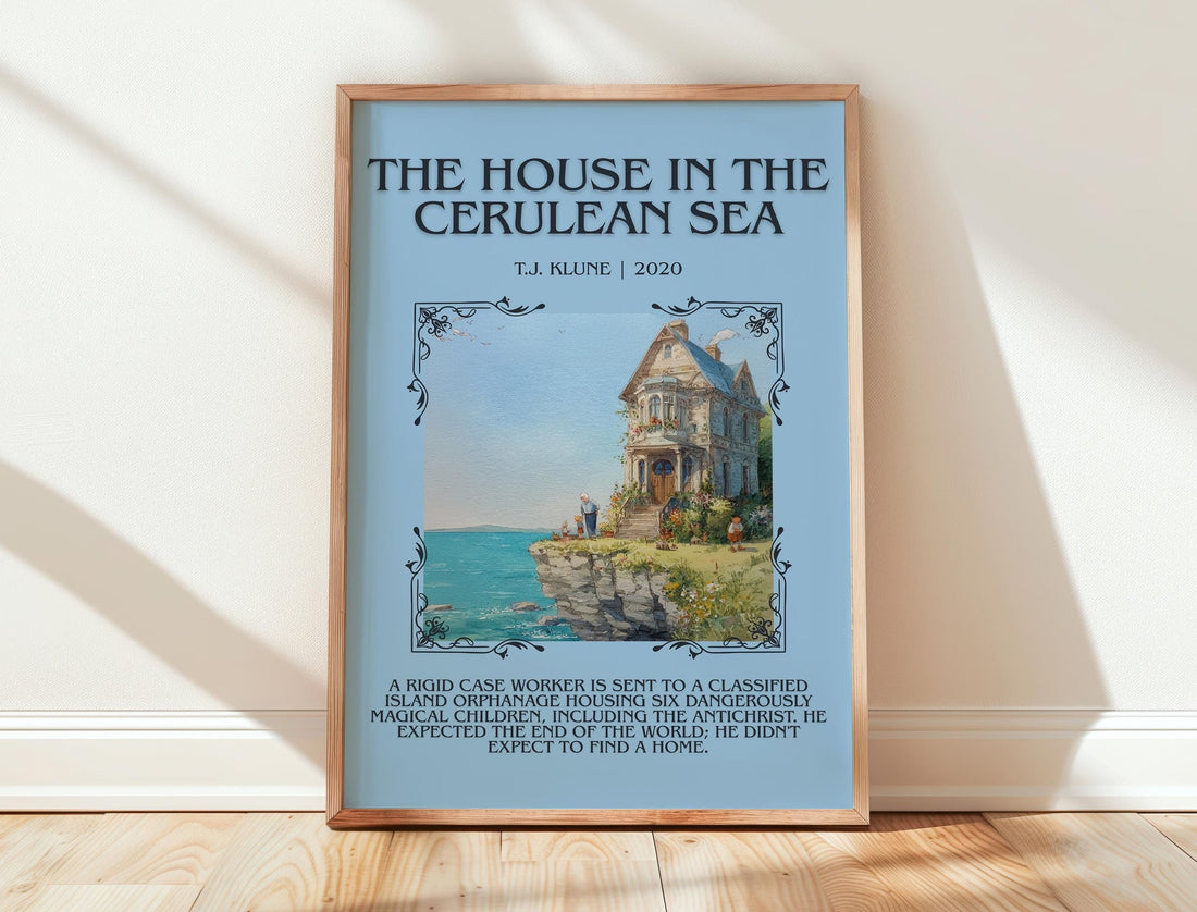 The House in the Cerulean Sea minimalist print in frame leaning in hallway – satire wall art (mockup)
