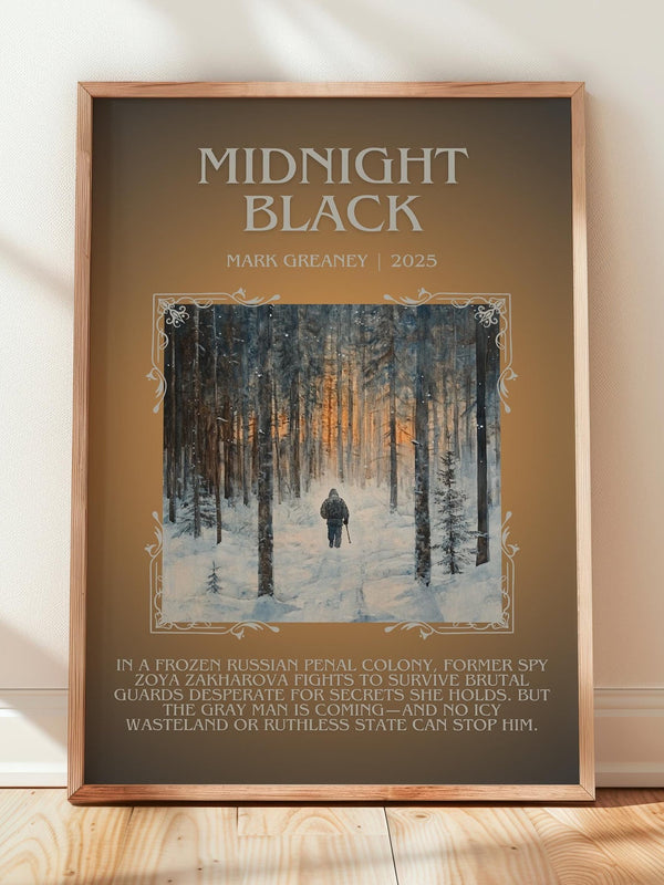 Midnight Black minimalist print in frame leaning in hallway – thriller wall art