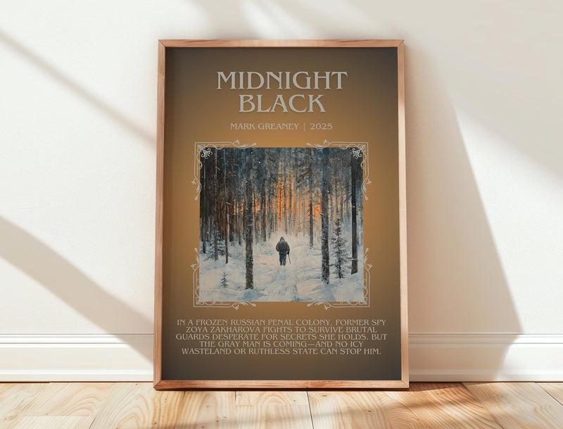 Midnight Black minimalist print in frame leaning in hallway – thriller wall art
