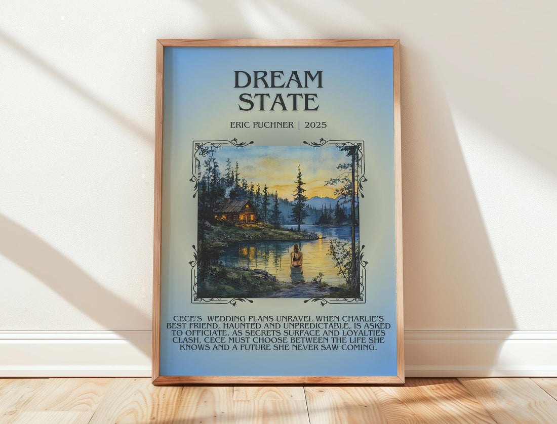 Dream State minimalist print in frame leaning in hallway – historical fiction wall art (mockup)