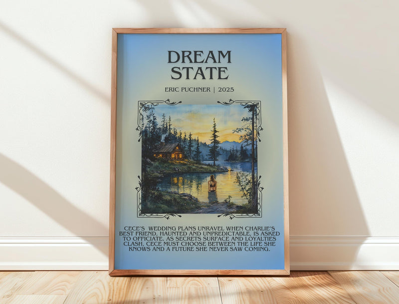 Dream State minimalist print in frame leaning in hallway – historical fiction wall art