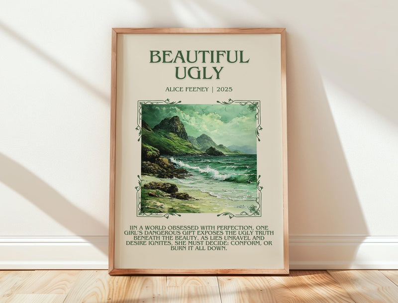 Beautiful Ugly minimalist print in frame leaning in hallway – thriller wall art