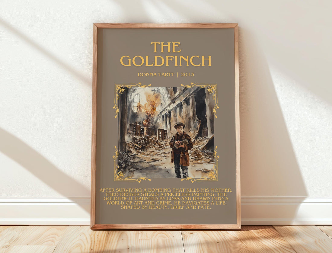 The Goldfinch minimalist print in frame leaning in hallway – coming of age wall art (mockup)