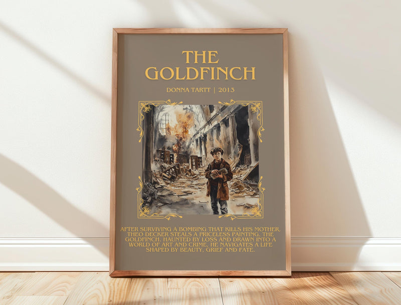 The Goldfinch minimalist print in frame leaning in hallway – coming of age wall art