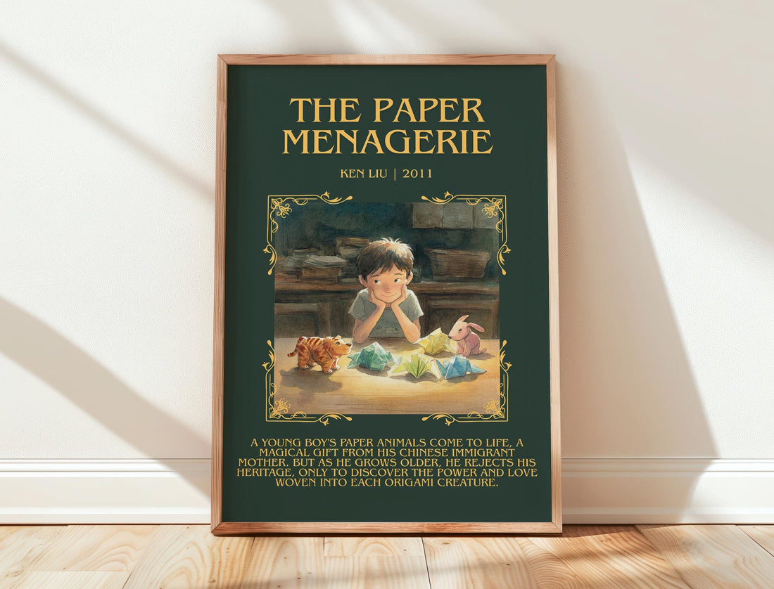 The Paper Menagerie minimalist print in frame leaning in hallway – fantasy wall art (mockup)
