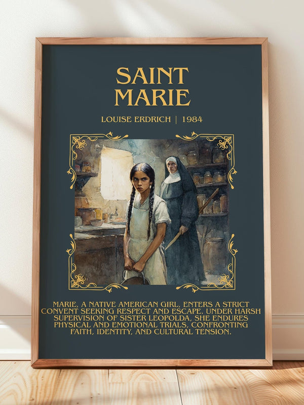 Saint Marie minimalist print in frame leaning in hallway – literary fiction wall art