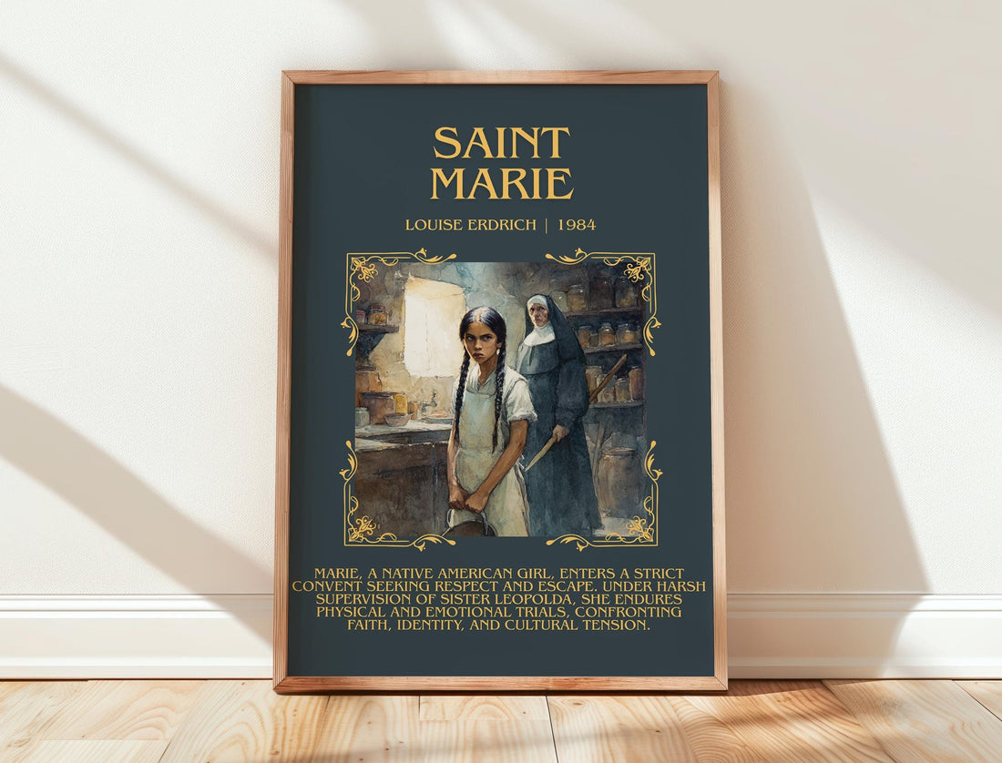 Saint Marie minimalist print in frame leaning in hallway – literary fiction wall art (mockup)
