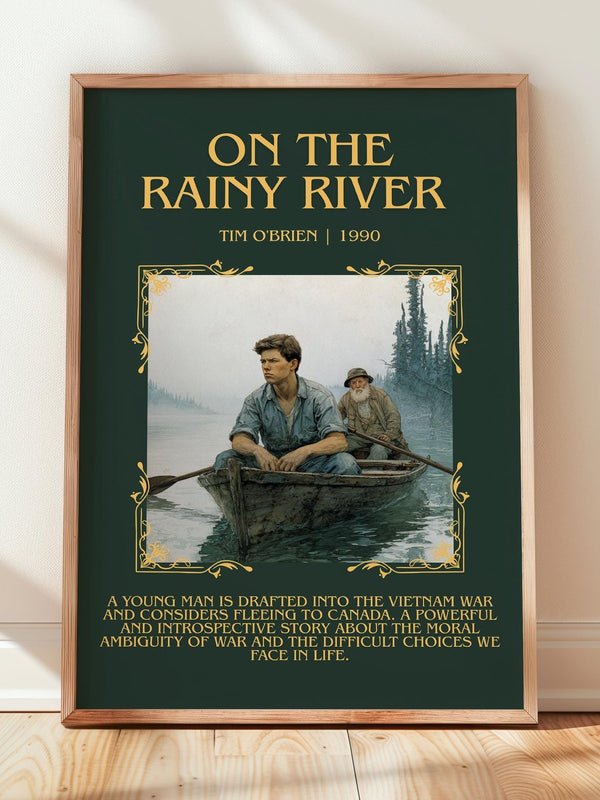 On The Rainy River minimalist print in frame leaning in hallway – non fiction wall art