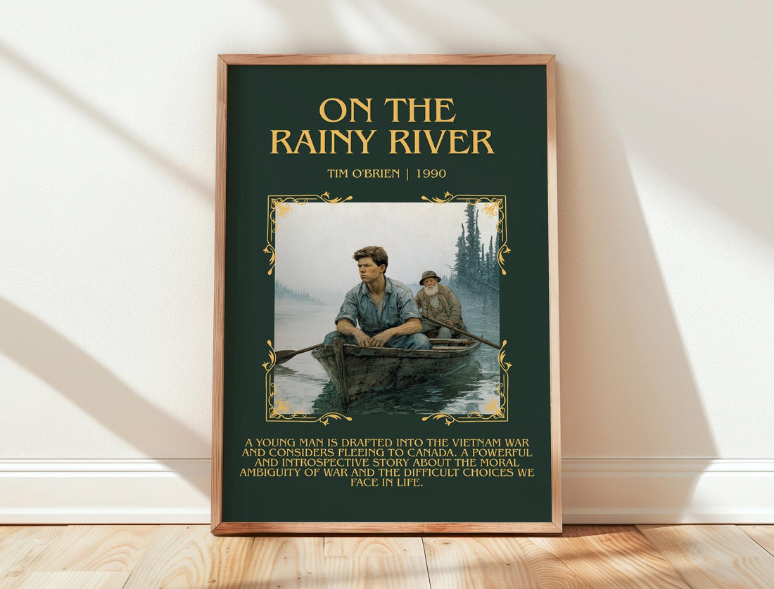 On The Rainy River minimalist print in frame leaning in hallway – non fiction wall art (mockup)
