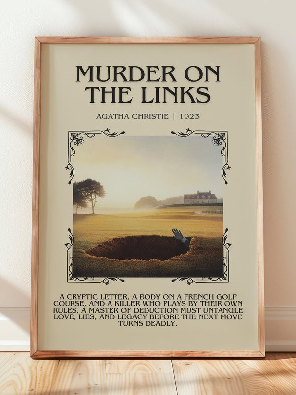 The Murder on the Links minimalist print in frame leaning in hallway – mystery wall art
