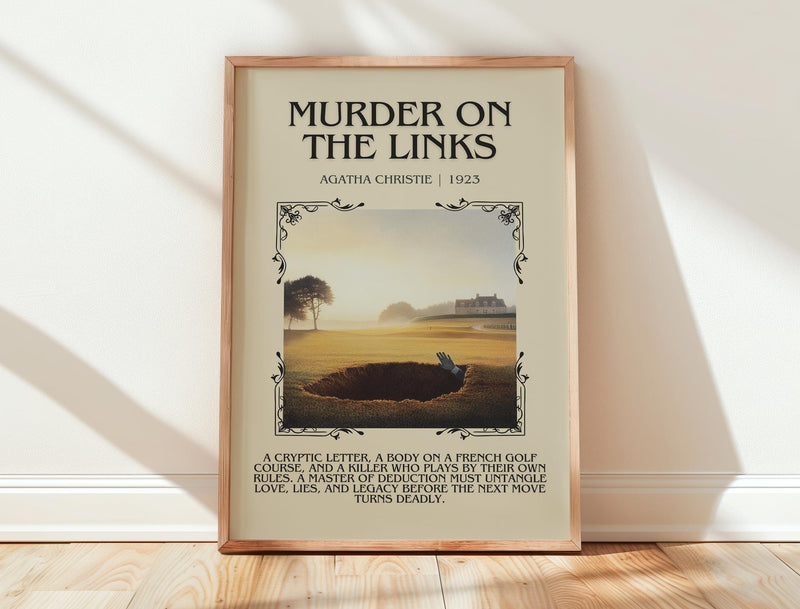 The Murder on the Links minimalist print in frame leaning in hallway – mystery wall art