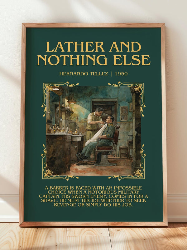 Lather And Nothing Else minimalist print in frame leaning in hallway – classic literature wall art