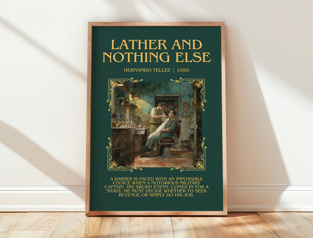 Lather And Nothing Else minimalist print in frame leaning in hallway – classic literature wall art (mockup)