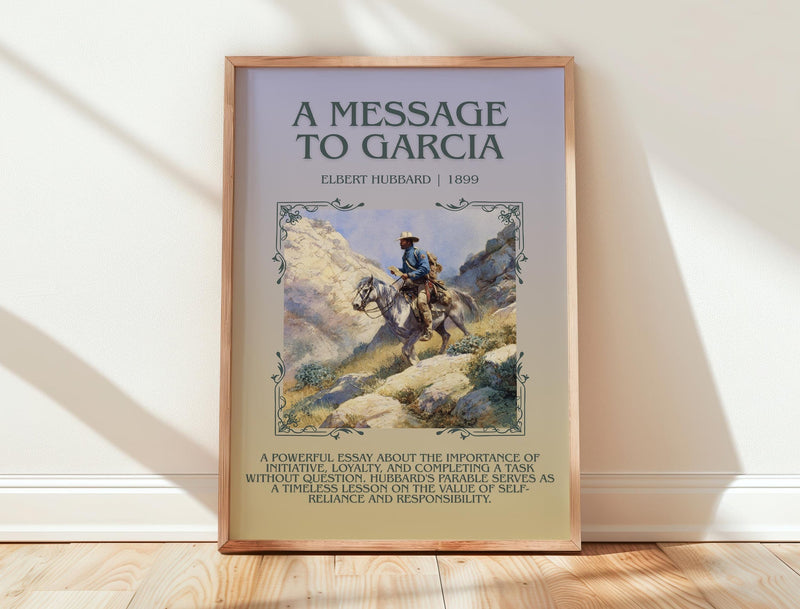 A Message to Garcia minimalist print in frame leaning in hallway – non fiction wall art