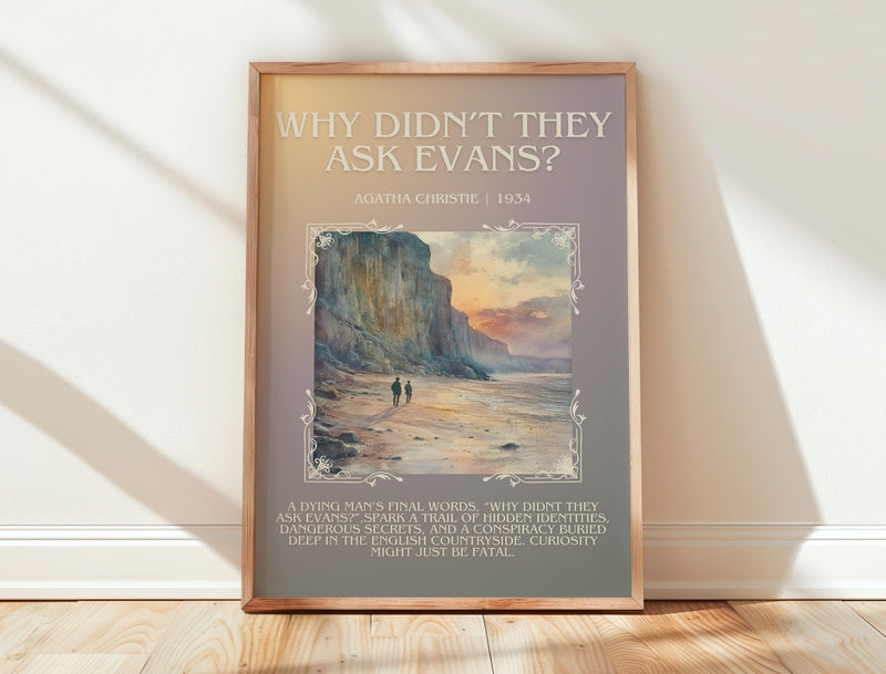 Why Didn't They Ask Evans? minimalist print in frame leaning in hallway – mystery wall art