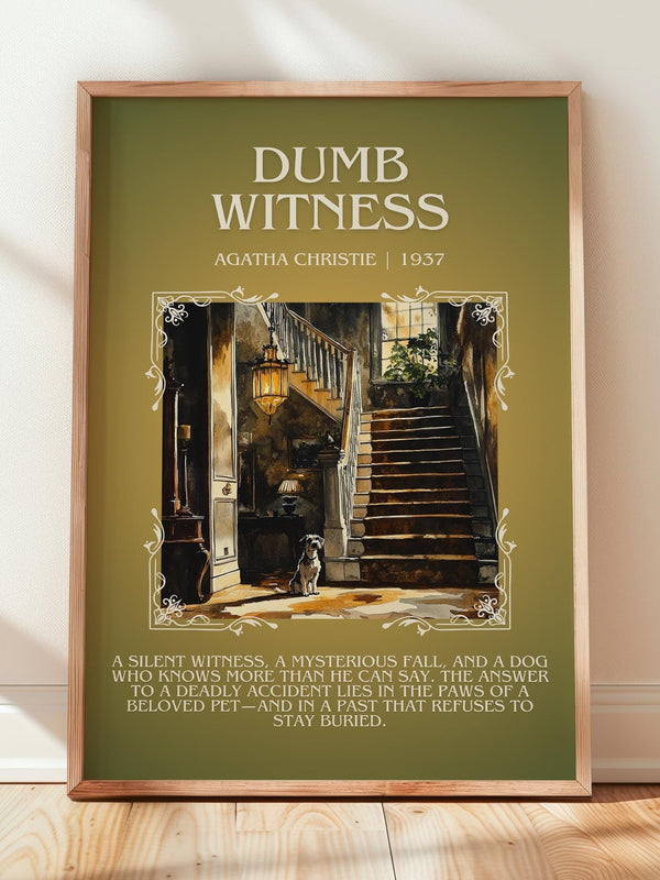 Dumb Witness minimalist print in frame leaning in hallway – mystery wall art
