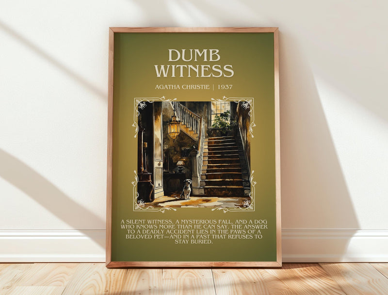 Dumb Witness minimalist print in frame leaning in hallway – mystery wall art