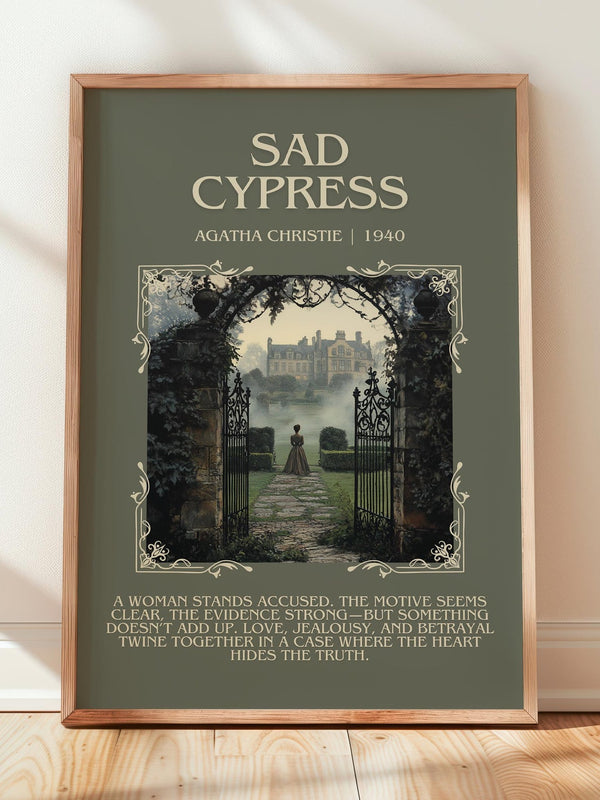Sad Cypress minimalist print in frame leaning in hallway – mystery wall art