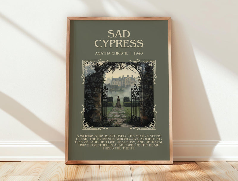 Sad Cypress minimalist print in frame leaning in hallway – mystery wall art