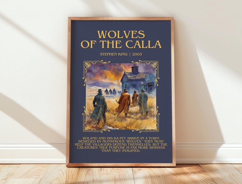 Wolves of the Calla minimalist print in frame leaning in hallway – fantasy wall art