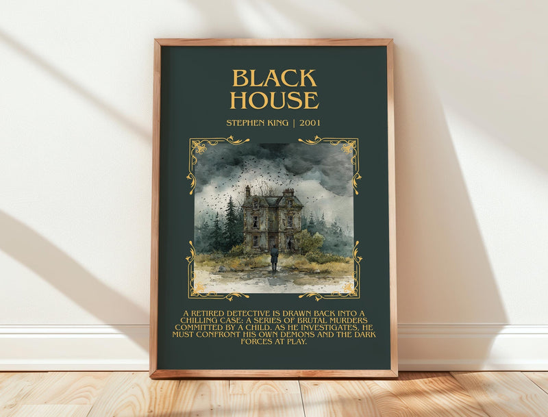 Black House minimalist print in frame leaning in hallway – horror wall art