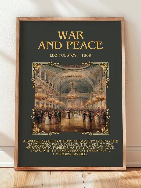 War and Peace minimalist print in frame leaning in hallway – historical fiction wall art