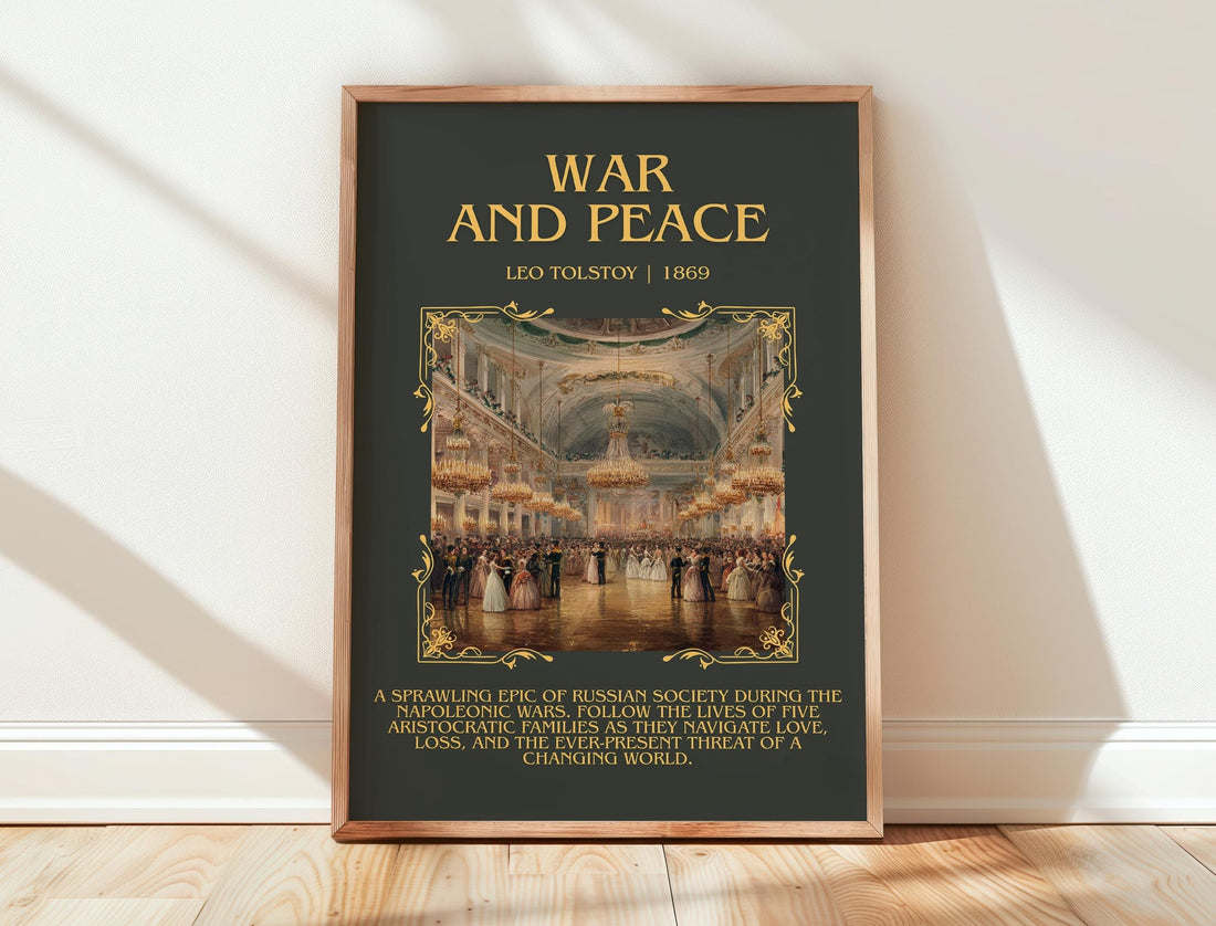 War and Peace minimalist print in frame leaning in hallway – historical fiction wall art (mockup)