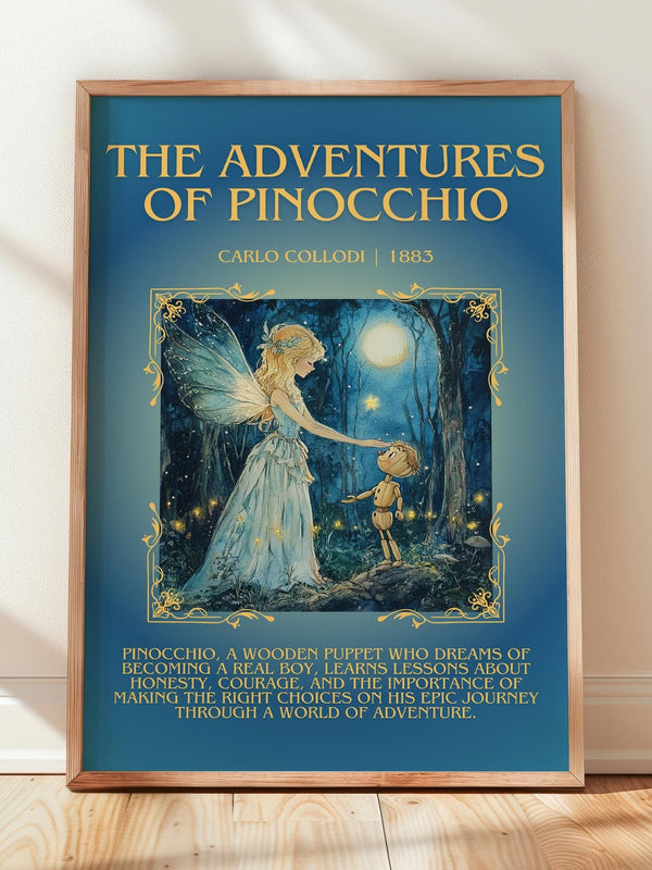 Adventures of Pinocchio minimalist print in frame leaning in hallway – childrens wall art
