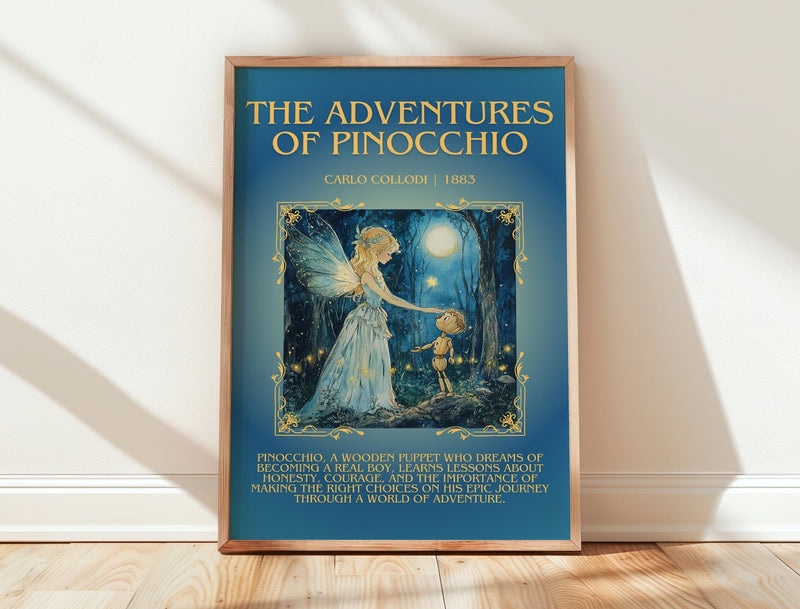 Adventures of Pinocchio minimalist print in frame leaning in hallway – childrens wall art