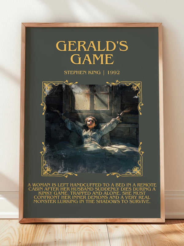 Gerald's Game minimalist print in frame leaning in hallway – horror wall art