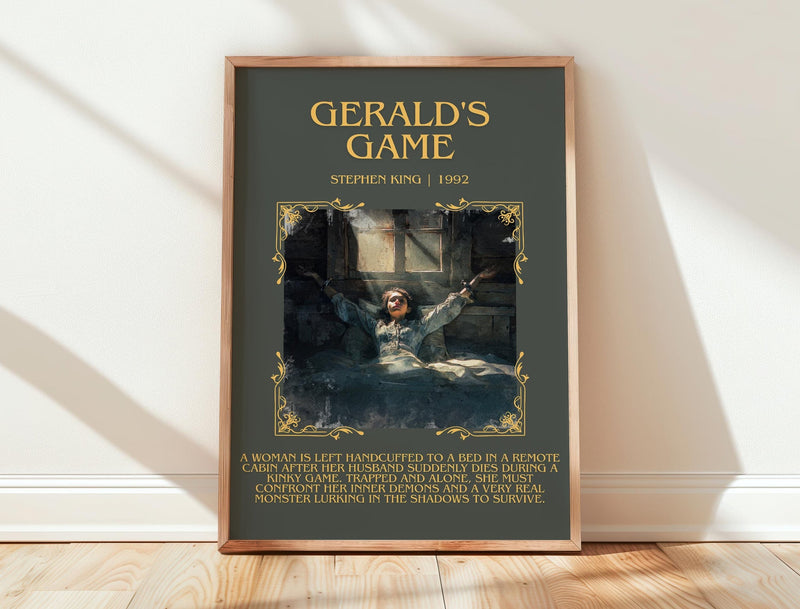 Gerald's Game minimalist print in frame leaning in hallway – horror wall art