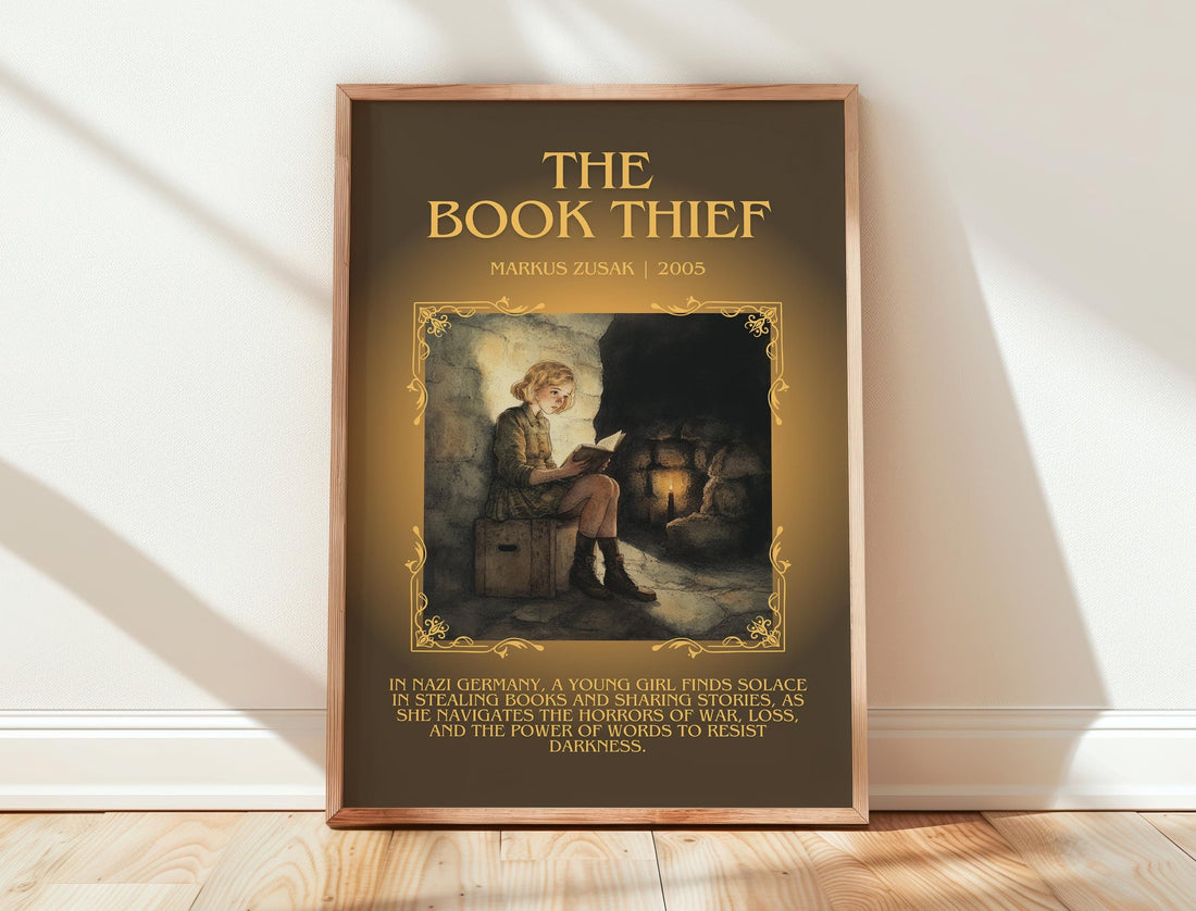 The Book Thief minimalist print in frame leaning in hallway – historical fiction wall art (mockup)