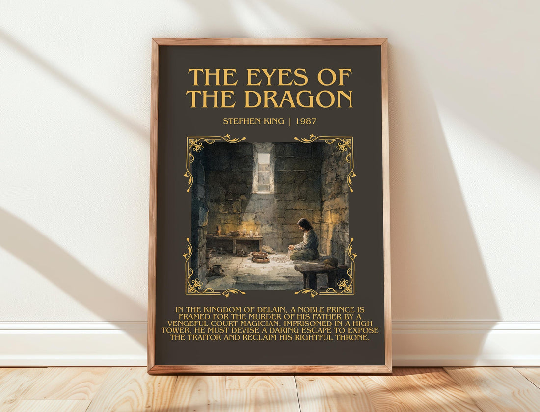 The Eyes Of The Dragon minimalist print in frame leaning in hallway – fantasy wall art (mockup)