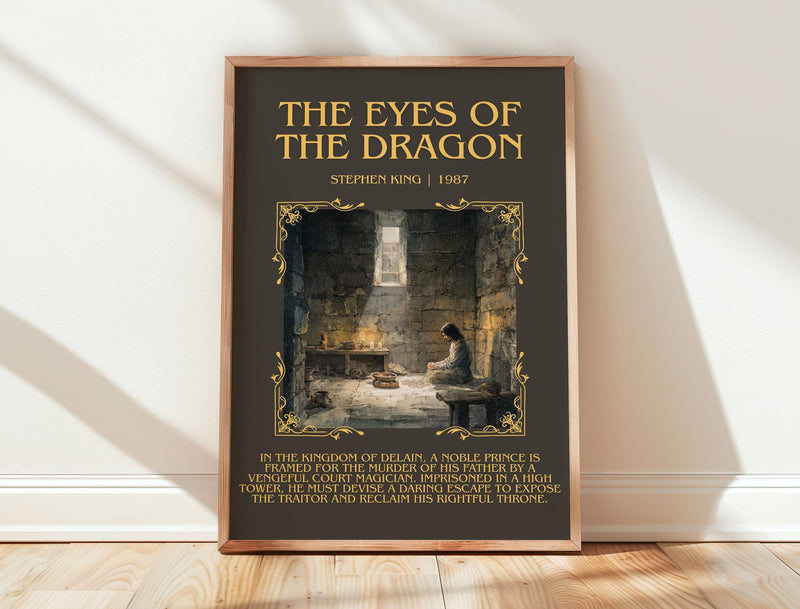 The Eyes Of The Dragon minimalist print in frame leaning in hallway – fantasy wall art
